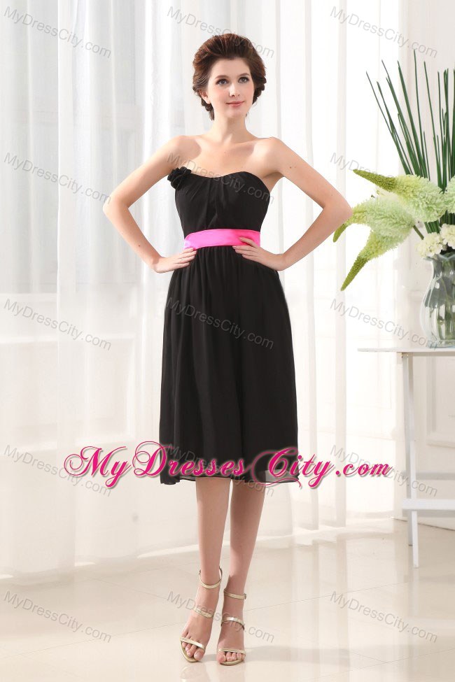 Black Chiffon Knee-length Bridesmaid Dress with Hot Pink Sash