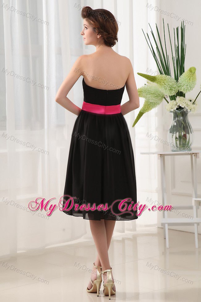 Black Chiffon Knee-length Bridesmaid Dress with Hot Pink Sash