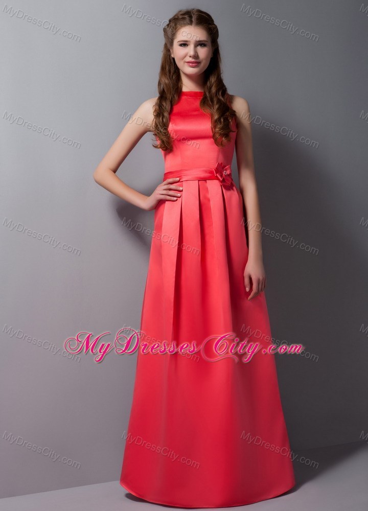 Long Rust Red High-neck Bridesmaid Dress with Flower Sash