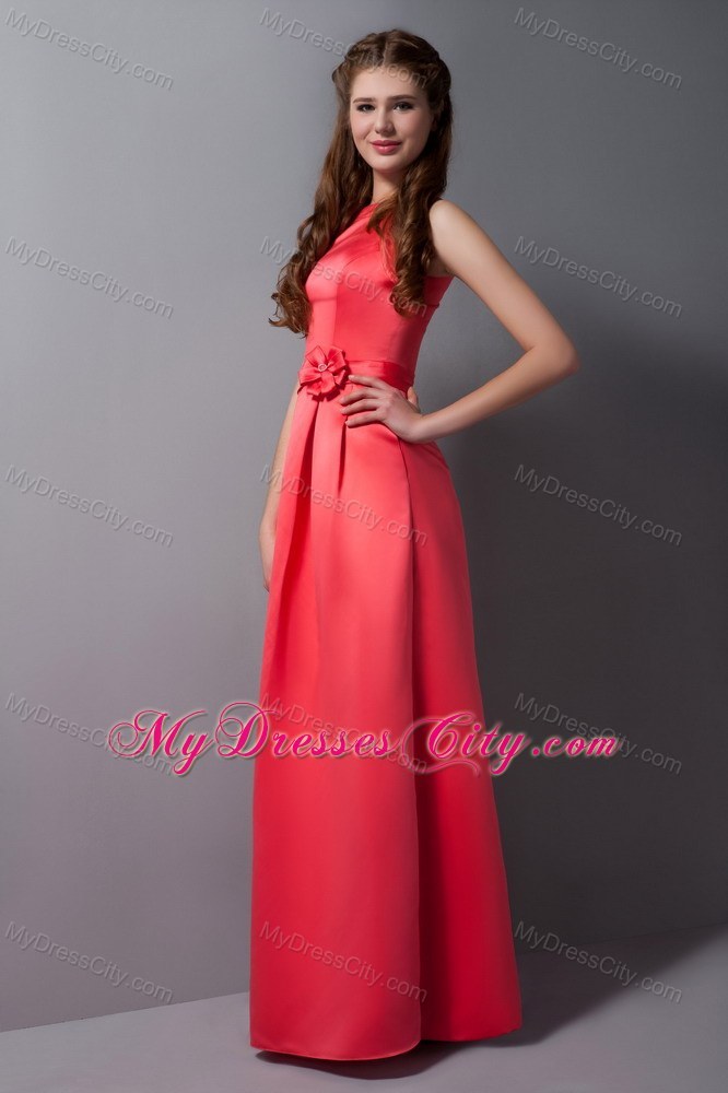 Long Rust Red High-neck Bridesmaid Dress with Flower Sash