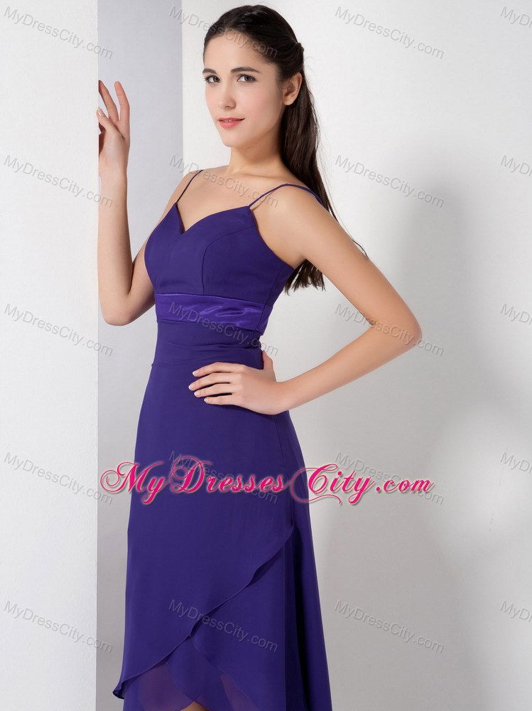 High-low Spaghetti Straps Tiers Bridesmaid Dress with Ribbon