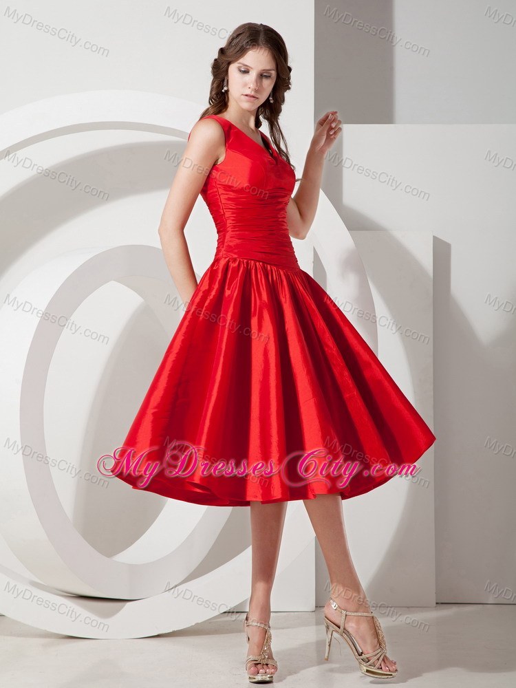 Princess V-neck Tea-length Ruching Dresses For Bridesmaid