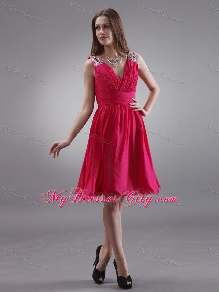 Red Beading Straps Ruching Short Junior Bridesmaid Dress For Woman