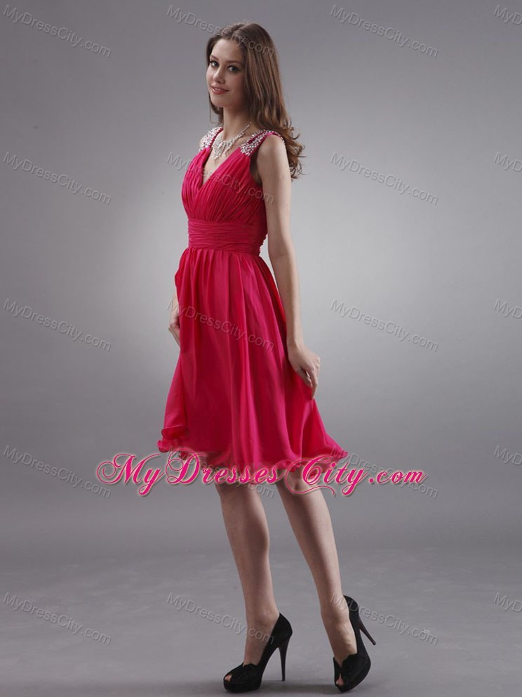 Red Beading Straps Ruching Short Junior Bridesmaid Dress For Woman