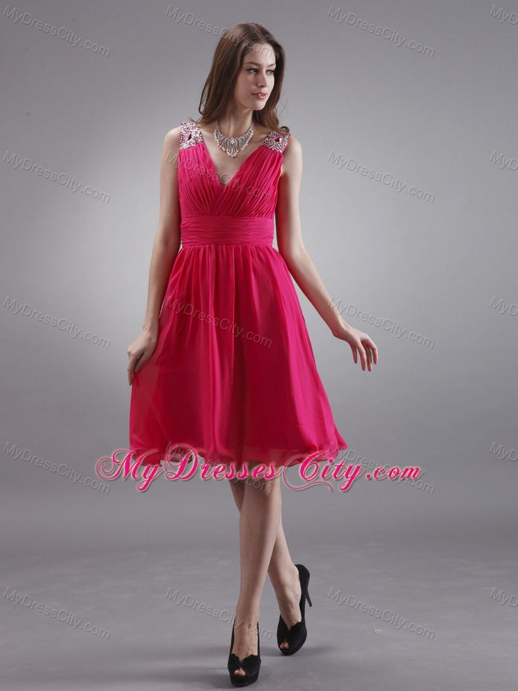 Red Beading Straps Ruching Short Junior Bridesmaid Dress For Woman