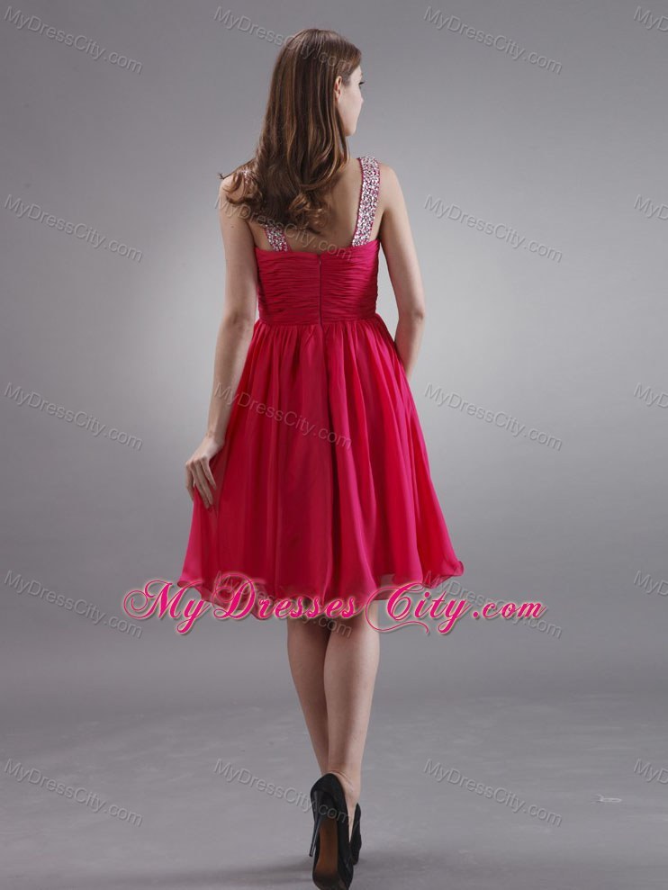 Red Beading Straps Ruching Short Junior Bridesmaid Dress For Woman