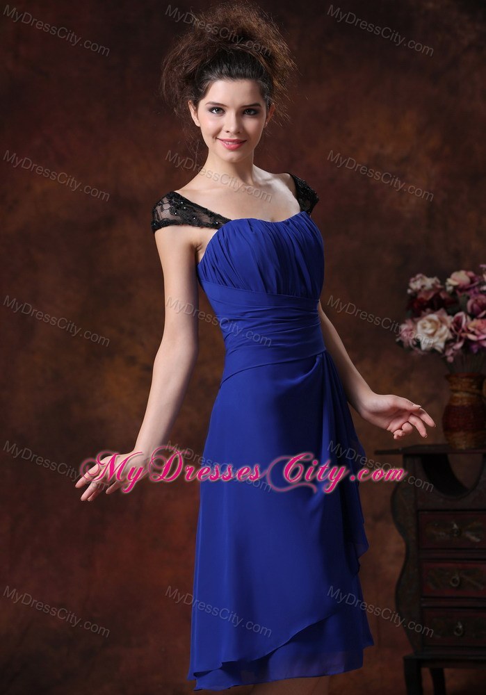 Ruched Straps Chiffon Tea-length Bridesmaids Dresses in Blue