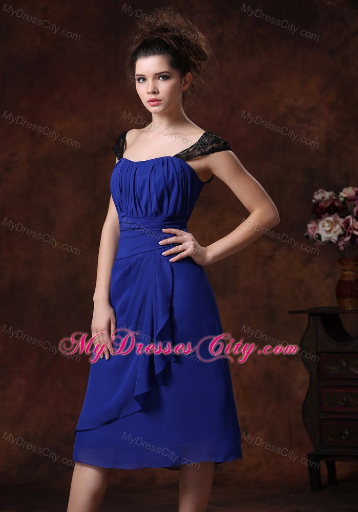 Ruched Straps Chiffon Tea-length Bridesmaids Dresses in Blue