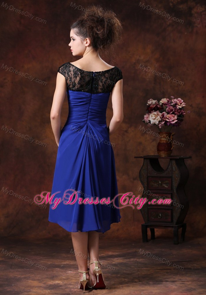 Ruched Straps Chiffon Tea-length Bridesmaids Dresses in Blue