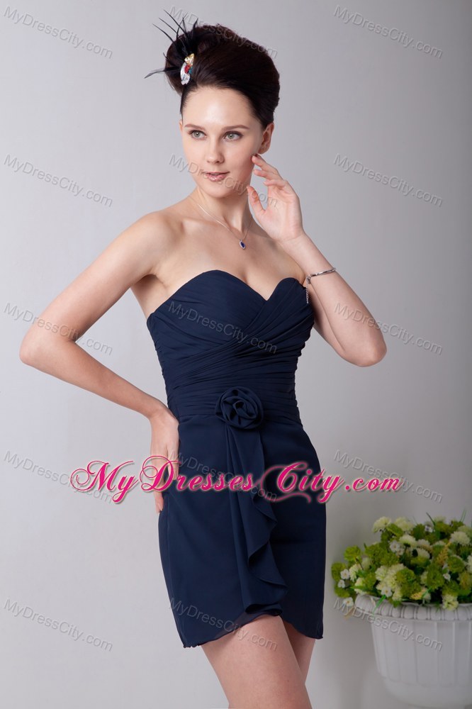 Sweetheart Mini-length Hand Made Flower Ruched Bridesmaid Dress