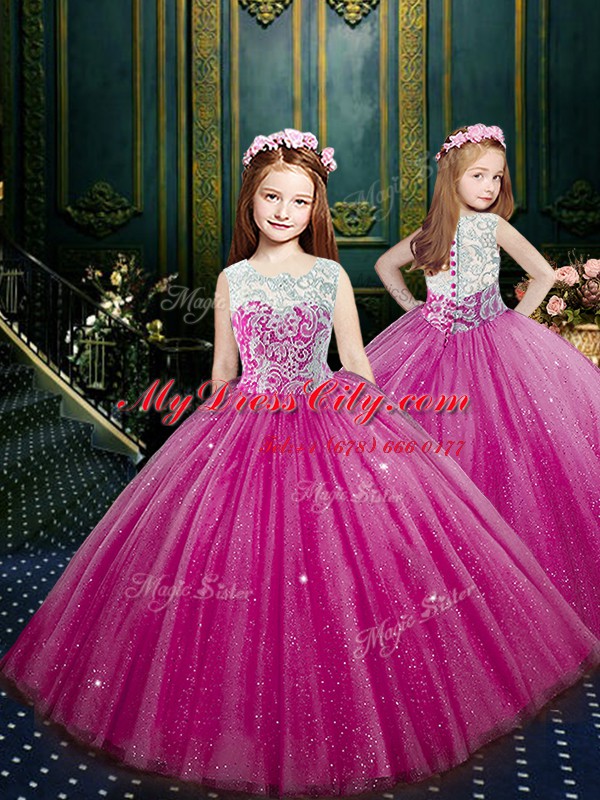 Clasp Handle Scoop Sleeveless Little Girl Pageant Gowns Floor Length Beading and Appliques Eggplant Purple Tulle