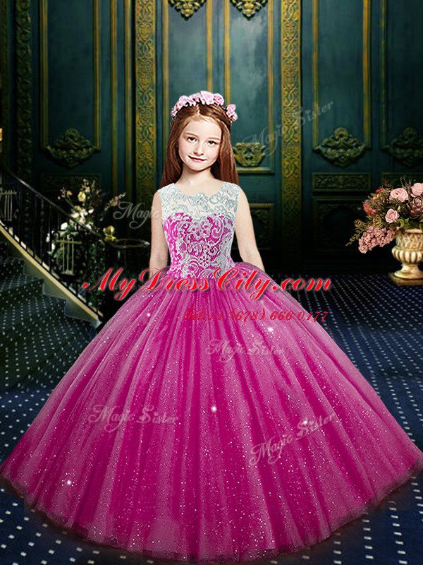 Clasp Handle Scoop Sleeveless Little Girl Pageant Gowns Floor Length Beading and Appliques Eggplant Purple Tulle