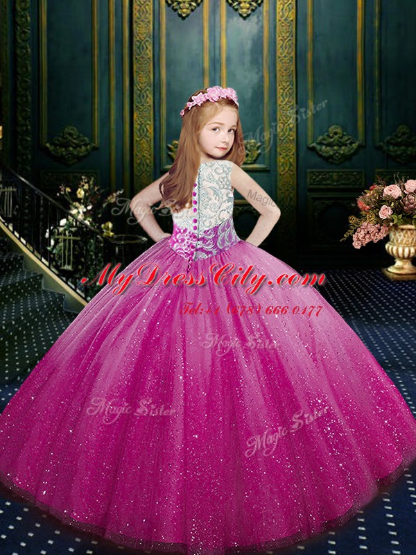 Clasp Handle Scoop Sleeveless Little Girl Pageant Gowns Floor Length Beading and Appliques Eggplant Purple Tulle