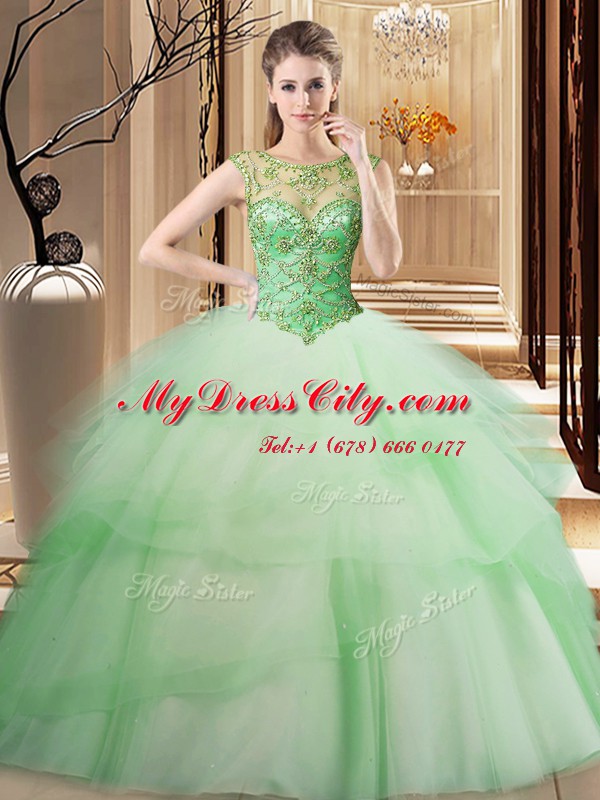 Cheap Scoop Ruffled Ball Gowns Sleeveless Apple Green Quinceanera Dresses Brush Train Lace Up