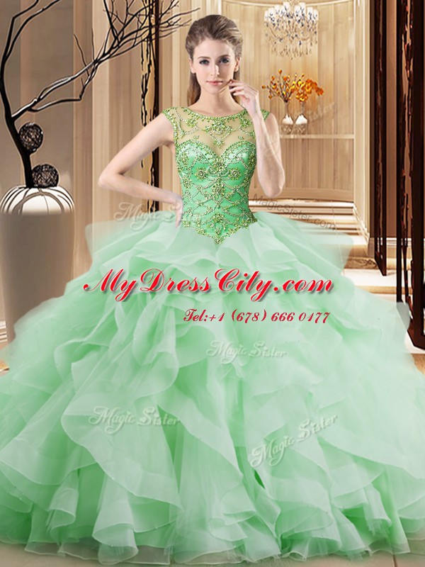 Hot Sale Apple Green Ball Gowns Tulle Scoop Sleeveless Beading and Ruffles Lace Up Sweet 16 Dresses Brush Train