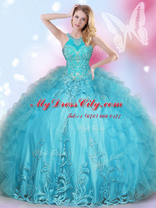 Halter Top Sleeveless Tulle Floor Length Lace Up Quinceanera Gowns in Aqua Blue with Beading and Appliques