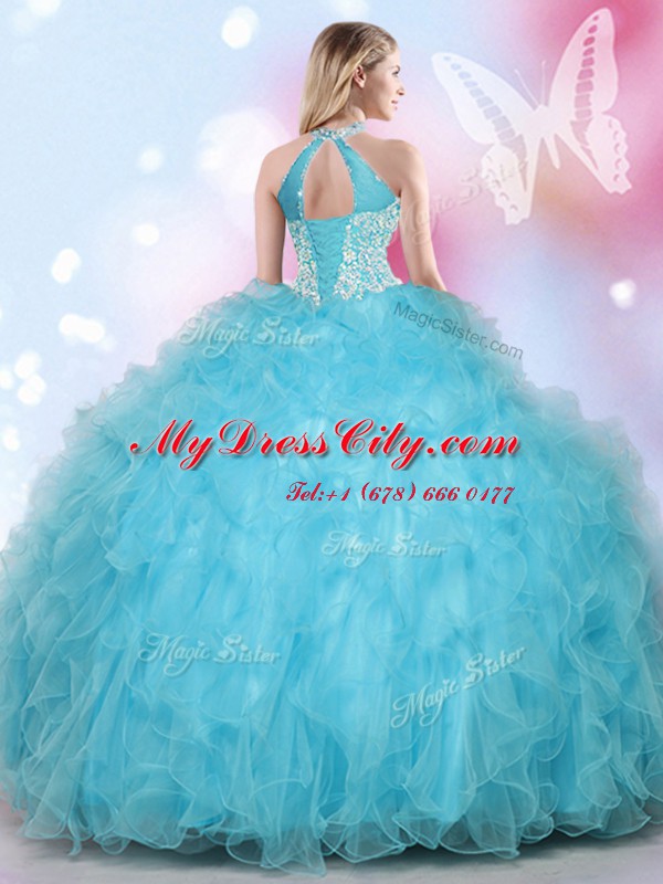 Halter Top Sleeveless Tulle Floor Length Lace Up Quinceanera Gowns in Aqua Blue with Beading and Appliques