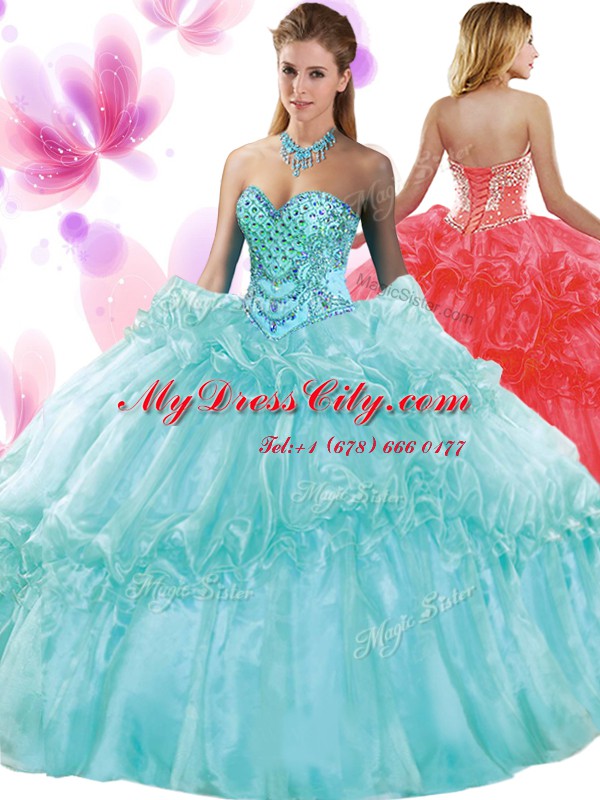 Aqua Blue Lace Up Sweetheart Pick Ups Sweet 16 Dresses Organza Sleeveless