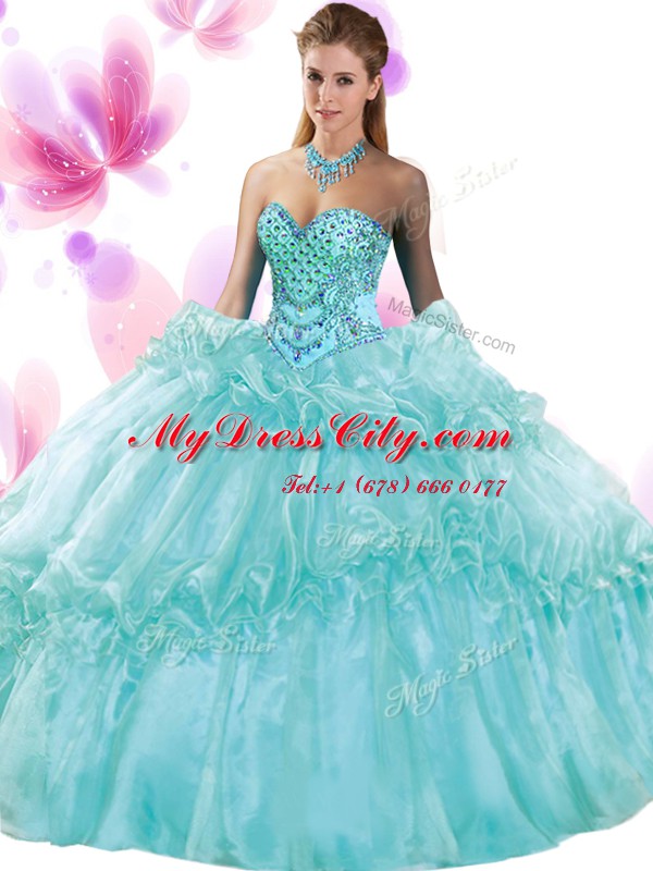 Aqua Blue Lace Up Sweetheart Pick Ups Sweet 16 Dresses Organza Sleeveless