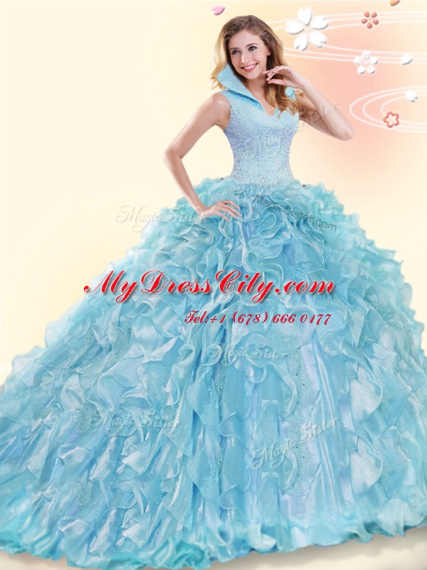 Vintage Backless Aqua Blue Sleeveless Brush Train Beading and Ruffles Quinceanera Gowns