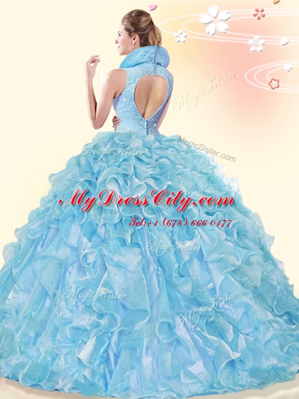 Vintage Backless Aqua Blue Sleeveless Brush Train Beading and Ruffles Quinceanera Gowns