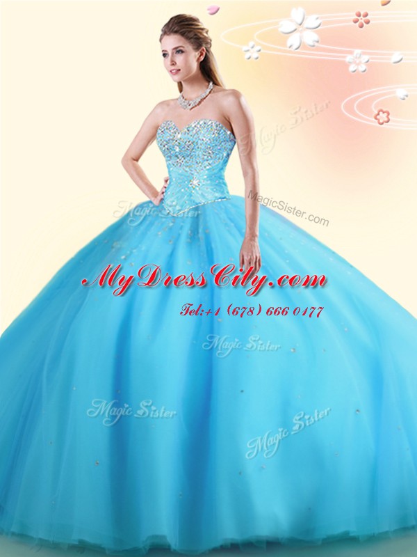 Stunning Floor Length Baby Blue Quinceanera Gown Sweetheart Sleeveless Lace Up