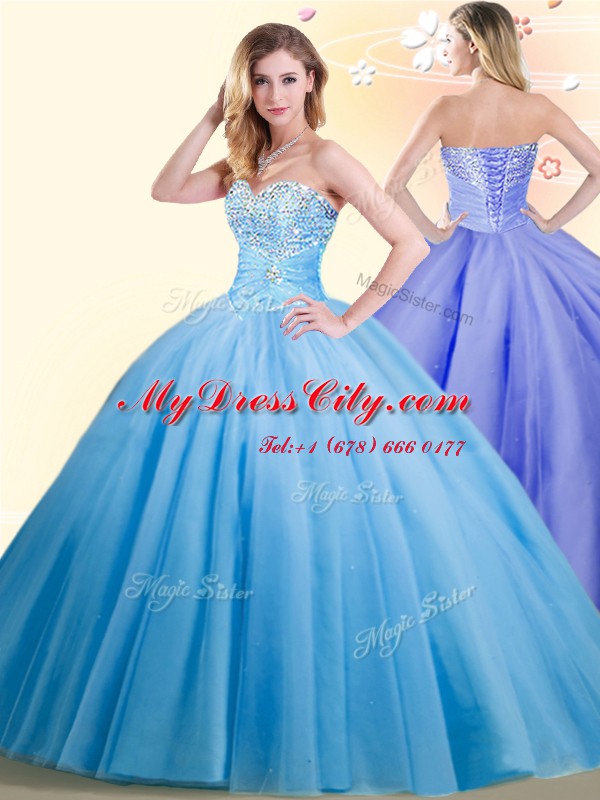 Fabulous Floor Length Lace Up 15 Quinceanera Dress Baby Blue for Military Ball and Sweet 16 and Quinceanera with Beading