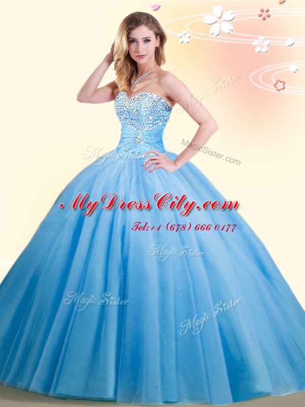 Fabulous Floor Length Lace Up 15 Quinceanera Dress Baby Blue for Military Ball and Sweet 16 and Quinceanera with Beading