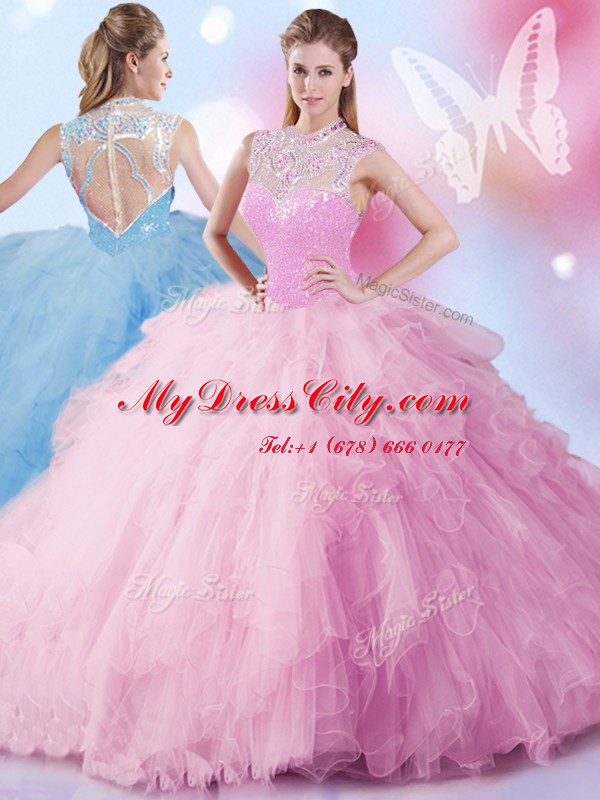 Stunning Tulle Sleeveless Floor Length Ball Gown Prom Dress and Beading and Ruffles and Sequins