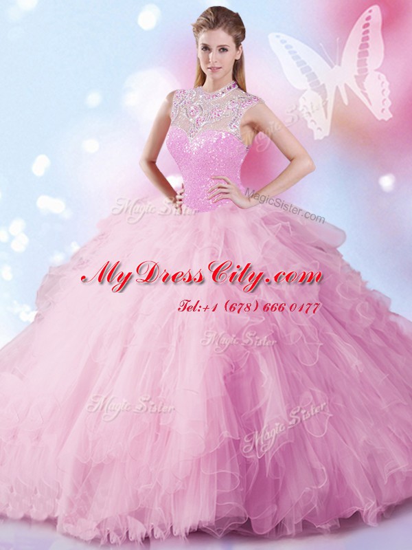 Stunning Tulle Sleeveless Floor Length Ball Gown Prom Dress and Beading and Ruffles and Sequins