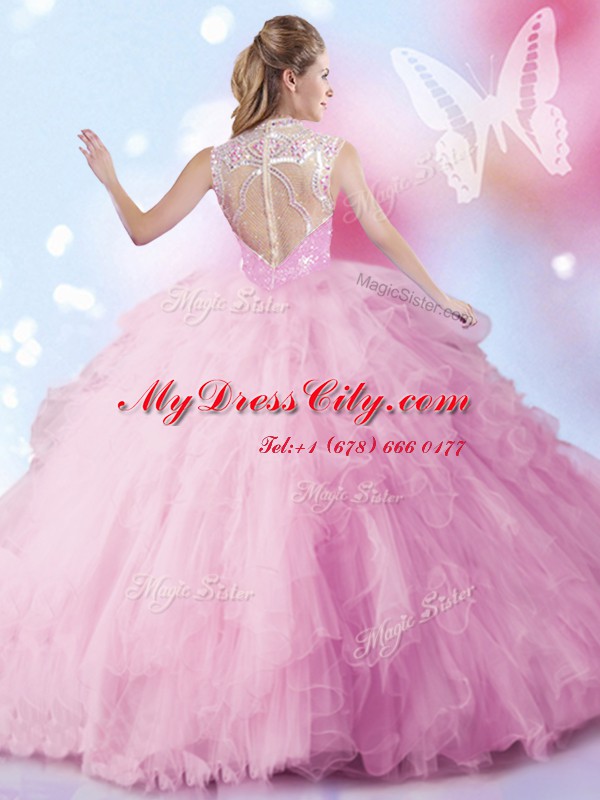 Stunning Tulle Sleeveless Floor Length Ball Gown Prom Dress and Beading and Ruffles and Sequins