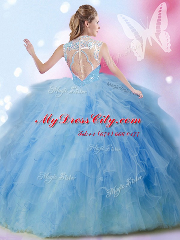 Stunning Tulle Sleeveless Floor Length Ball Gown Prom Dress and Beading and Ruffles and Sequins