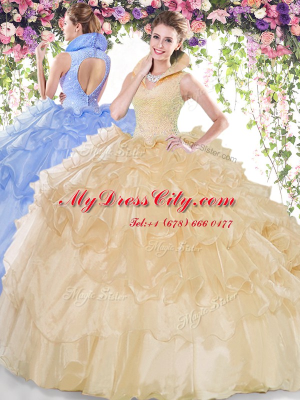 Champagne Organza Backless Sweet 16 Quinceanera Dress Sleeveless Floor Length Beading and Ruffled Layers