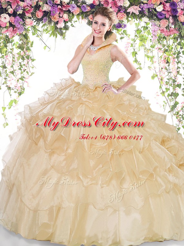 Champagne Organza Backless Sweet 16 Quinceanera Dress Sleeveless Floor Length Beading and Ruffled Layers