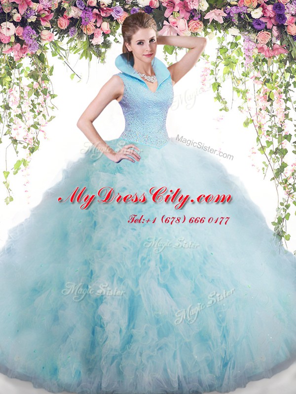 Admirable Backless Tulle Sleeveless Floor Length Sweet 16 Dresses and Beading and Ruffles