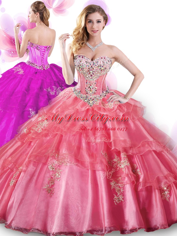 Coral Red Sweet 16 Dresses Military Ball and Sweet 16 and Quinceanera and For with Beading and Appliques Sweetheart Sleeveless Lace Up