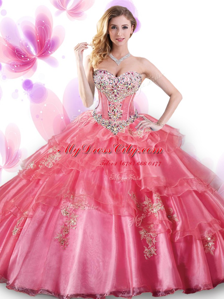 Coral Red Sweet 16 Dresses Military Ball and Sweet 16 and Quinceanera and For with Beading and Appliques Sweetheart Sleeveless Lace Up