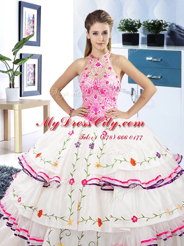 Ruffled Ball Gowns Sweet 16 Dresses White Halter Top Organza and Taffeta Sleeveless Floor Length Lace Up