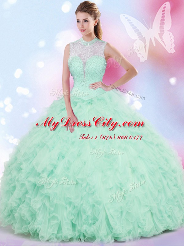 Apple Green Quinceanera Gowns Military Ball and Sweet 16 and Quinceanera and For with Beading and Ruffles High-neck Sleeveless Lace Up