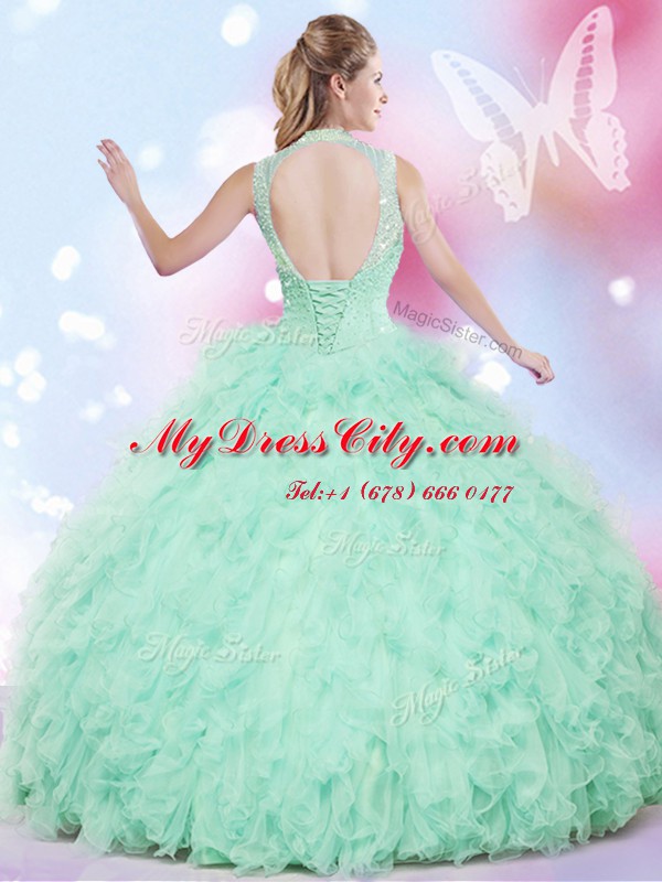 Apple Green Quinceanera Gowns Military Ball and Sweet 16 and Quinceanera and For with Beading and Ruffles High-neck Sleeveless Lace Up