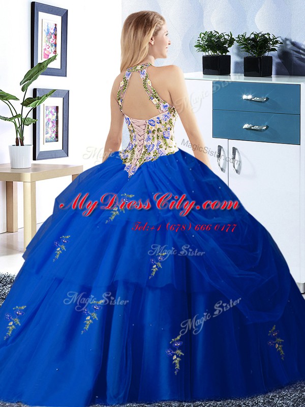 Eye-catching Halter Top Embroidery and Pick Ups Quinceanera Gown Orange Red Lace Up Sleeveless Floor Length