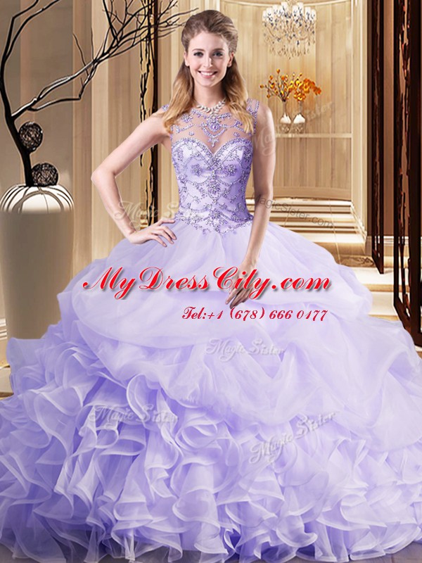 Lavender Organza Lace Up Scoop Sleeveless Quince Ball Gowns Brush Train Beading and Ruffles and Pick Ups