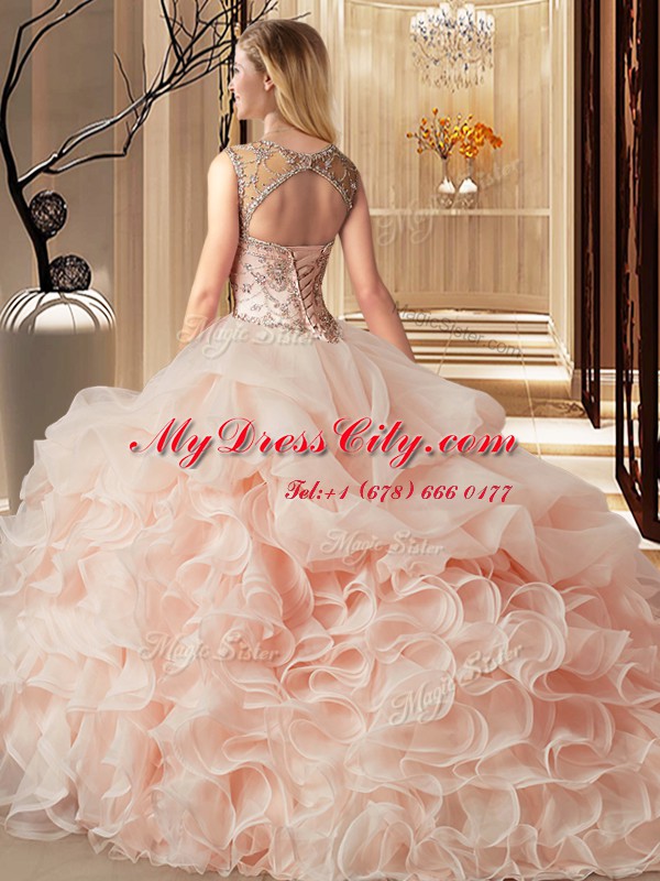 Lavender Organza Lace Up Scoop Sleeveless Quince Ball Gowns Brush Train Beading and Ruffles and Pick Ups