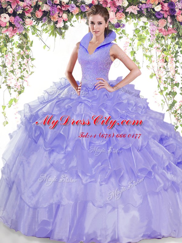 Ruffled High-neck Sleeveless Backless Quinceanera Gowns Lavender Organza