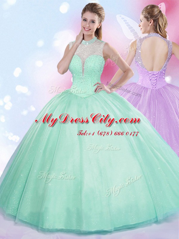 Apple Green High-neck Lace Up Beading Quinceanera Gown Sleeveless