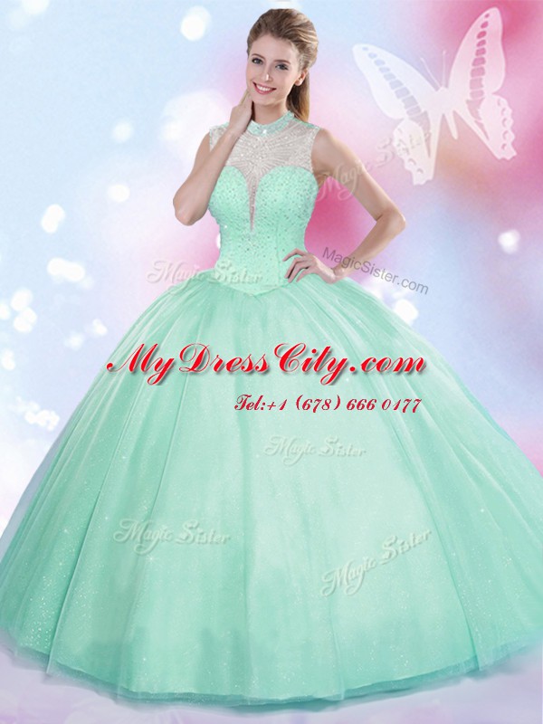 Apple Green High-neck Lace Up Beading Quinceanera Gown Sleeveless