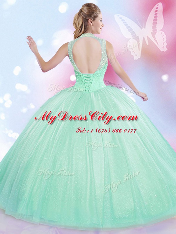 Apple Green High-neck Lace Up Beading Quinceanera Gown Sleeveless