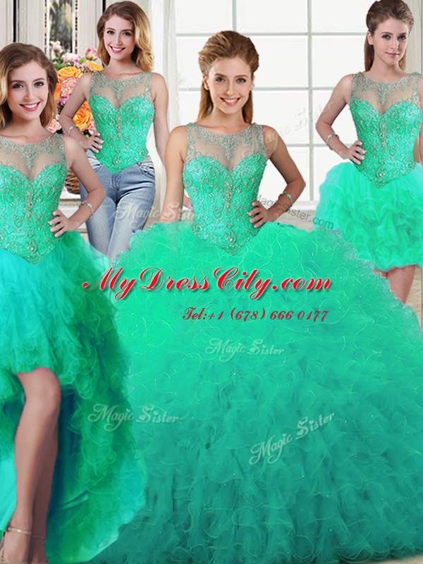 Noble Four Piece Turquoise Lace Up Scoop Beading and Ruffles Quinceanera Gown Tulle Sleeveless