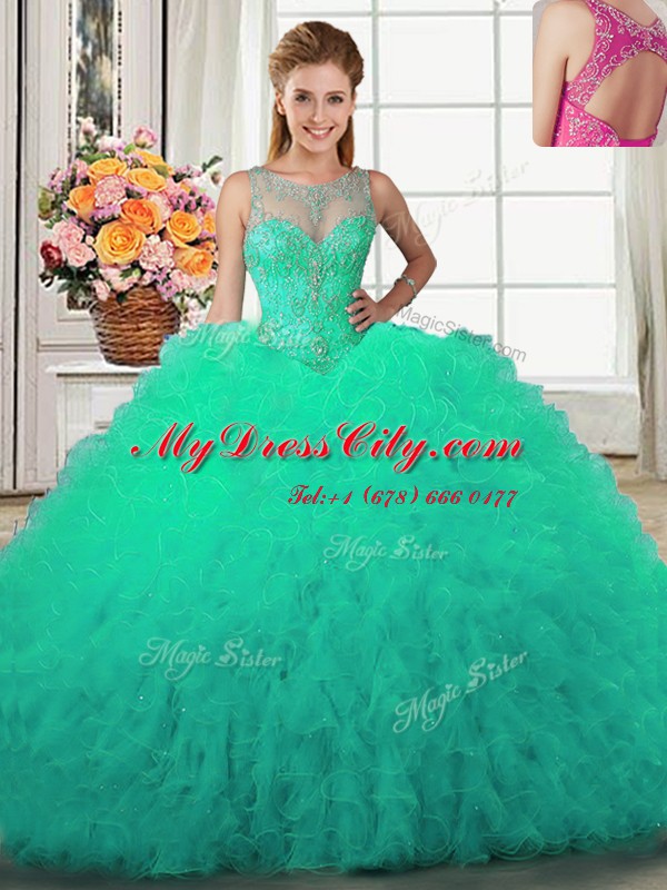 Noble Four Piece Turquoise Lace Up Scoop Beading and Ruffles Quinceanera Gown Tulle Sleeveless