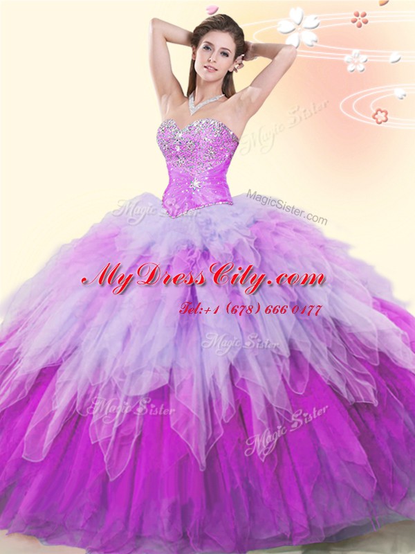 Multi-color Tulle Lace Up Sweet 16 Quinceanera Dress Sleeveless Floor Length Beading and Ruffles